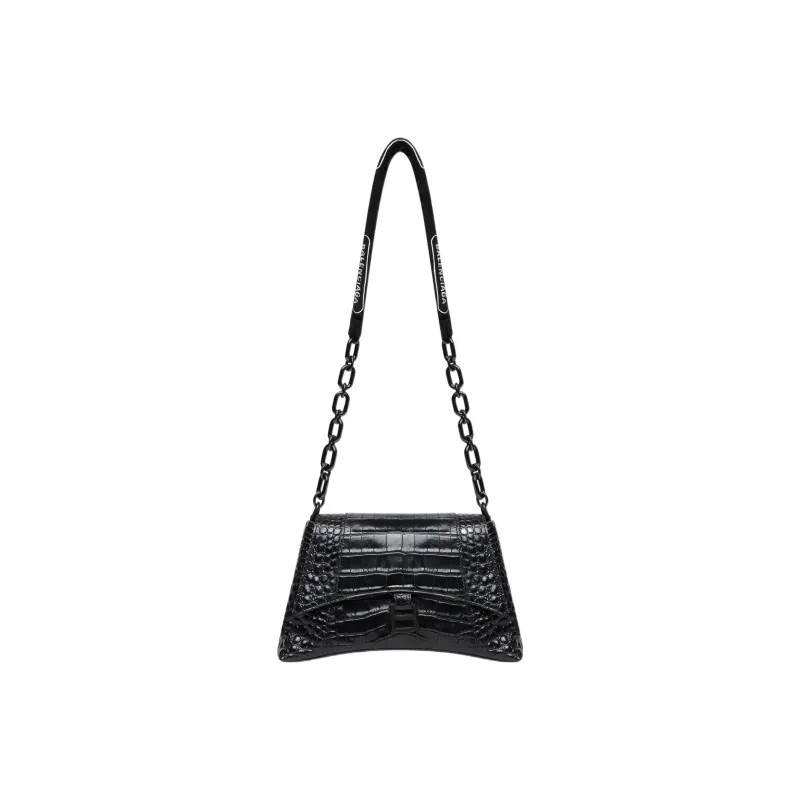 Balenciaga Supple Crocodile Pattern Embossed Cow Leather One Shoulder Handbag Crossbody Bag Small Size Women's Black-1