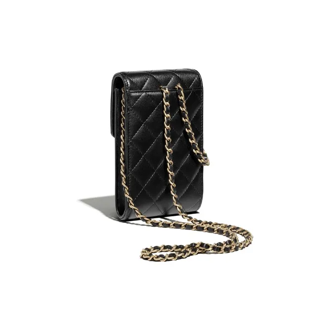 CHANEL Sheepskin & Metal One Shoulder Crossbody Cell Phone Pouch Mini Women's Black/Gold-2