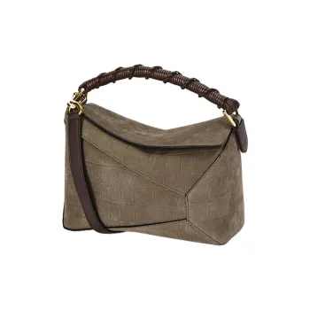 LOEWE Puzzle Suede Handbag Shoulder Bag Crossbody Bag Small Size Women's Olive Green