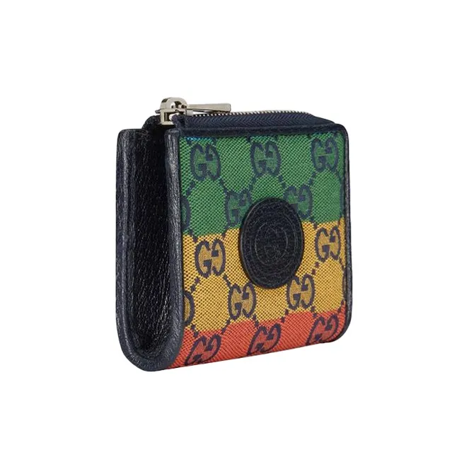 GUCCI Canvas Leather Label Wallet Canvas Bag Coin Purse Mini Men's Green & Yellow & Orange-1