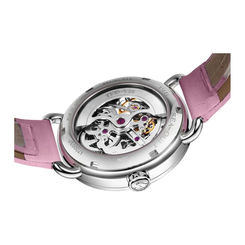 Sea Gull Hollow Series Automatic Mechanical Movement Spun Silk Strap Watch Women's Watch Pink Watch Dial 813.65.6029LK-4