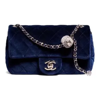 CHANEL Classic Flap CF Velour Shoulder Bag, Crossbody Bag Mini Women's Dark Blue