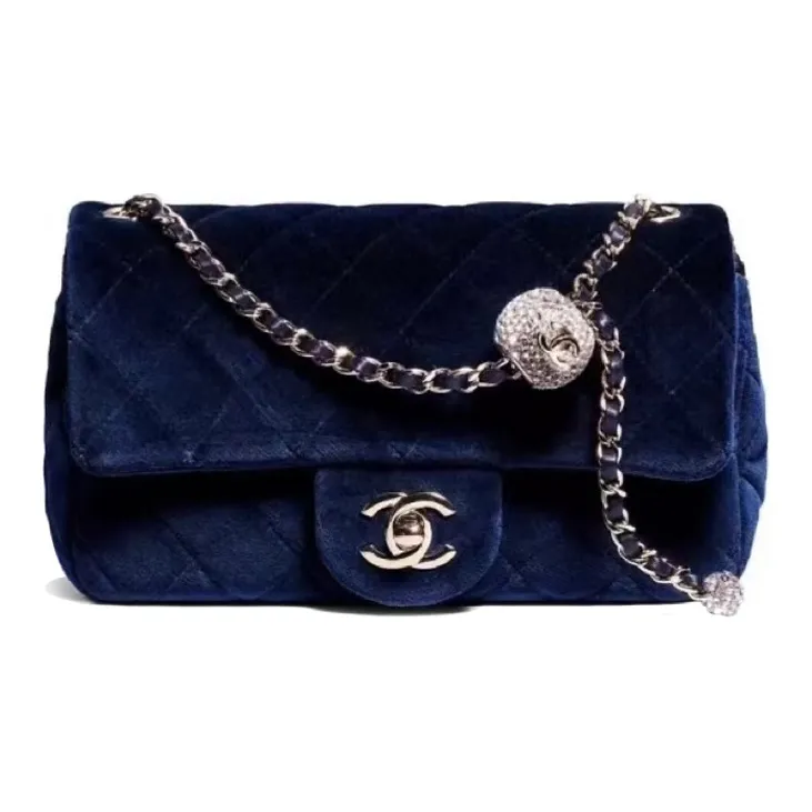 CHANEL Classic Flap CF Velour Shoulder Bag, Crossbody Bag Mini Women's Dark Blue-0