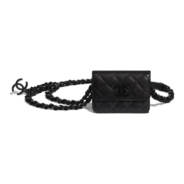 CHANEL Grain Calfskin And Metal Paint Business Card Holder Waist Chain Fanny Pack Women's Black-1