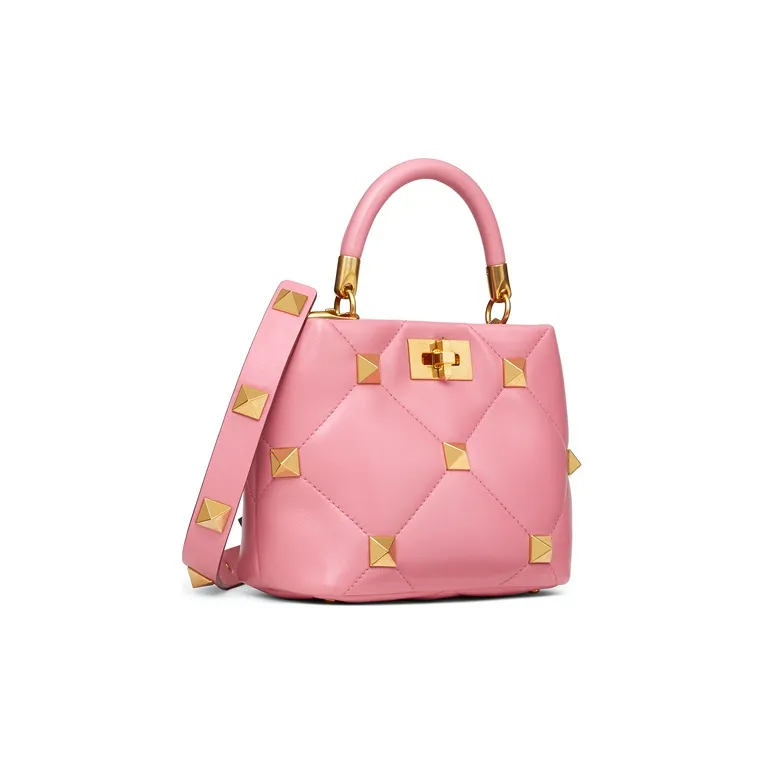 Valentino Roman Stud Sheepskin Leather Shoulder Bag Crossbody Bag Handbag Small Size Women's Pink-2