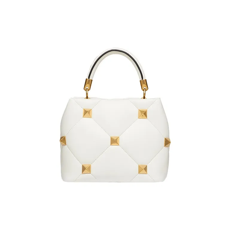 Valentino ROMAN STUD Soft Nappa Leather Quilting Shoulder Bag, Crossbody Bag, Handbag Trumpets Women's Ivory White-2