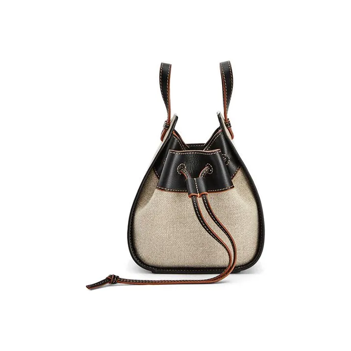 LOEWE Hammock Cow Leather Patchwork With Linen Shoulder Bag Mini Women's Light Wheat Black-2