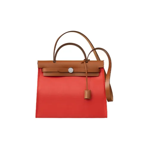 HERMES Herbag Zip Cowhide Patchwork Canvas Handbag Shoulder Bag Crossbody Bag Women's Orange Red/Brown
