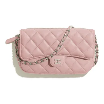 CHANEL Leather Is Worn On A Chain Cell Phone Pouch Clutch Crossbody Bag Women's Pink