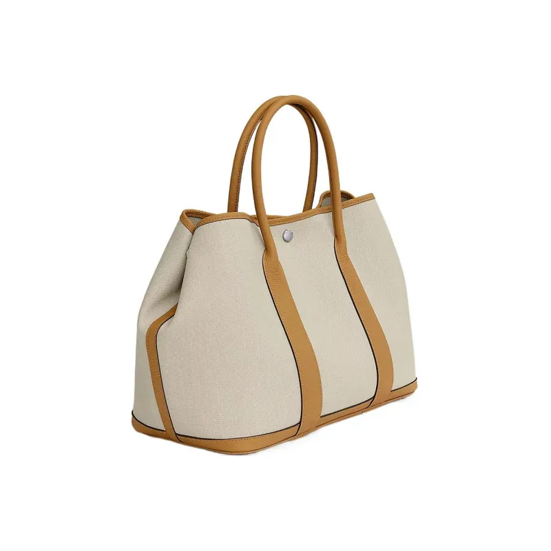 HERMES Garden Party Canvas With Negonda Calfskin Garden Handbag Regular Unisex Concrete Gray With Cookie Pattern-1