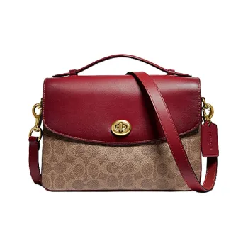 COACH Cassie Canvas With Leather Messenger Bag Handbag Shoulder Bag Crossbody Bag Medium Size Women's Khaki Red