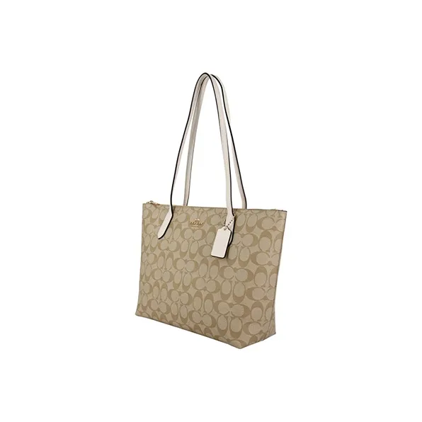 COACH Tote 30 Monogram Tote Shoulder Bag Women's Khaki White-4
