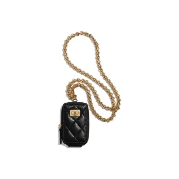 CHANEL 2.55 Cow Leather Slogan Bag Necklace Pouch Unisex Black