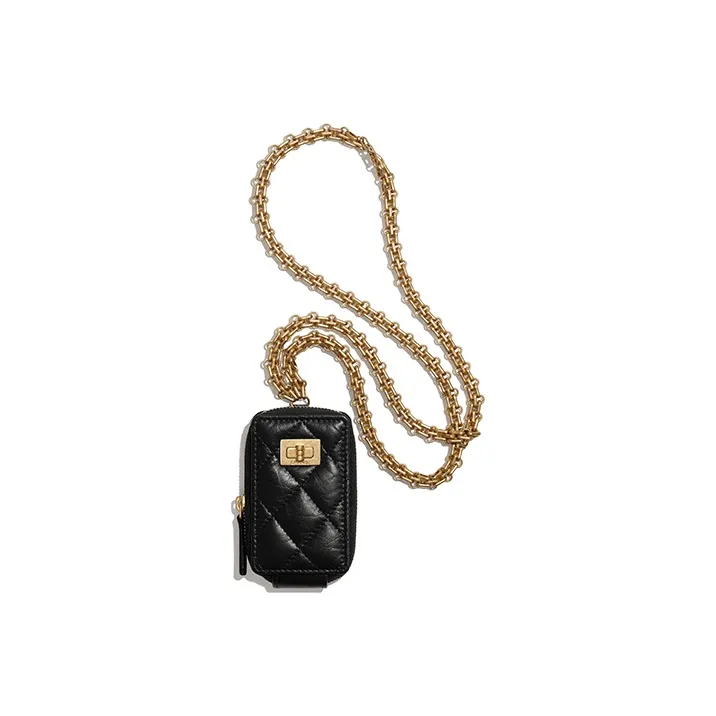CHANEL 2.55 Cow Leather Slogan Bag Necklace Pouch Unisex Black-0