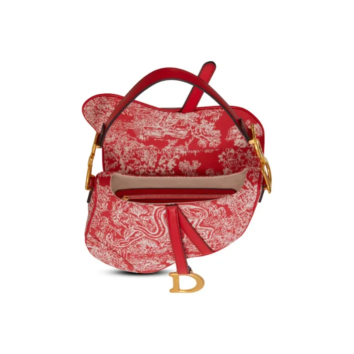 DIOR Saddle Jacquard Fabric One Shoulder Handbags Women's Red & Eggplant Purple-3