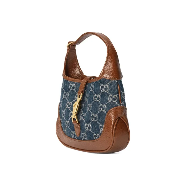 GUCCI Jackie 1961 Canvas With Leather Trim Canvas Bag Crescent Shoulder Bag Shoulder Bag Women's Gray Blue Multicolor-2