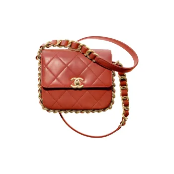 CHANEL 21K Winter Sheepskin Gold Tone Lock Shoulder Bag, Crossbody Bag, Handbag Medium Size Women's Red