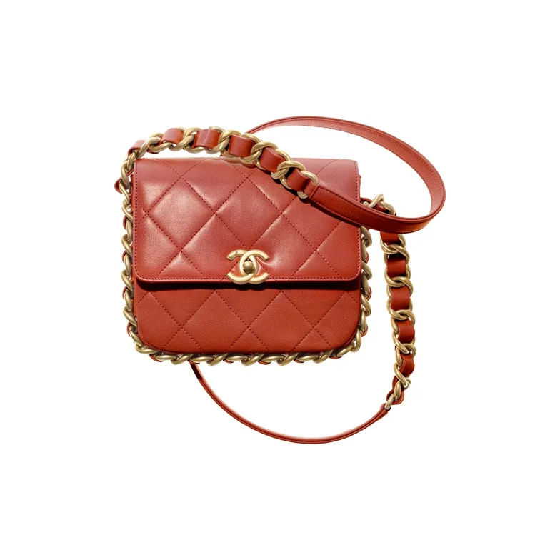 CHANEL 21K Winter Sheepskin Gold Tone Lock Shoulder Bag, Crossbody Bag, Handbag Medium Size Women's Red-0