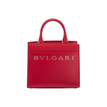 BVLGARI Logo Cow Leather One Shoulder Handbag Small Size Women's Red