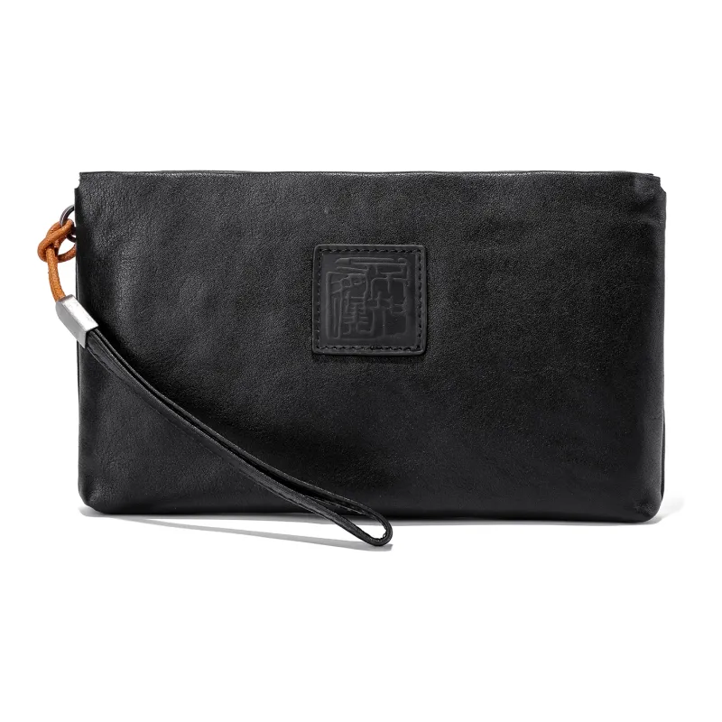 Ace Paul Top Grain Cow Leather Envelope Bag Clutches Medium Size Unisex Black-0
