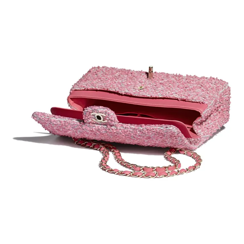CHANEL Classic Flap CF Tweed And Gold Metal Chain Shoulder Bag Women's Pink-2