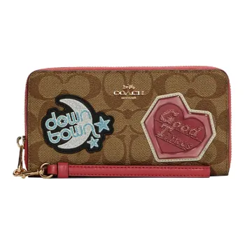 COACH Zip Around Canvas Leather Clutch Wallet Women's Khaki Brown & Peach Pink