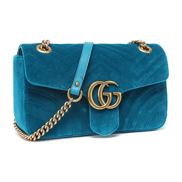 GUCCI GG Marmont Velvet Chain Shoulder Bag Crossbody Bag Small Size Women's Lake Blue Color-1