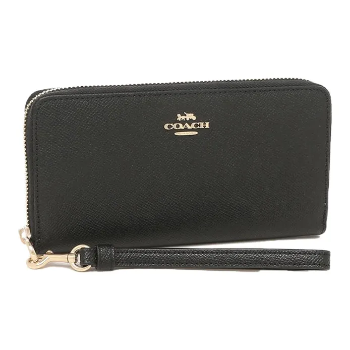 COACH Zip Around Leather Wallet Clutch Women's Black Gold-1