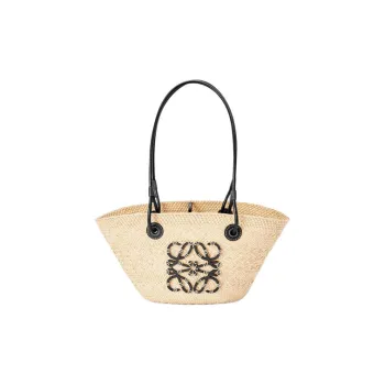 LOEWE Anagram Basket Palm Fiber With Cow Leather Tote Bag, Shopping Bag, Shoulder Bag, Handbag Small Size Women's Black