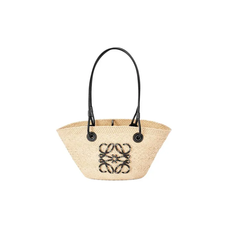 LOEWE Anagram Basket Palm Fiber With Cow Leather Tote Bag, Shopping Bag, Shoulder Bag, Handbag Trumpets Women's Black-0
