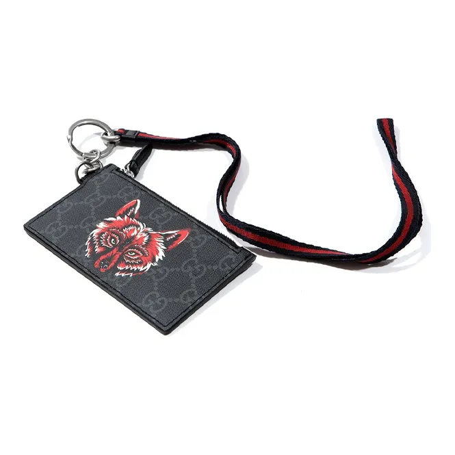 GUCCI Canvas With Leather Coin Purses Card Holders Men's Black Gray Color/Red-2