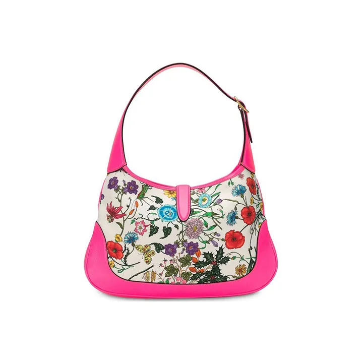 GUCCI Jackie 1961 Fabric With Leather Crescent Shoulder Bag Handbag Medium Size Women's Fuchsia Multicolor-1