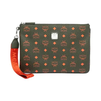 MCM Essential Visetos Origina Artificial Leather Handheld Wrist Clutch Medium Size Men's Moss Green