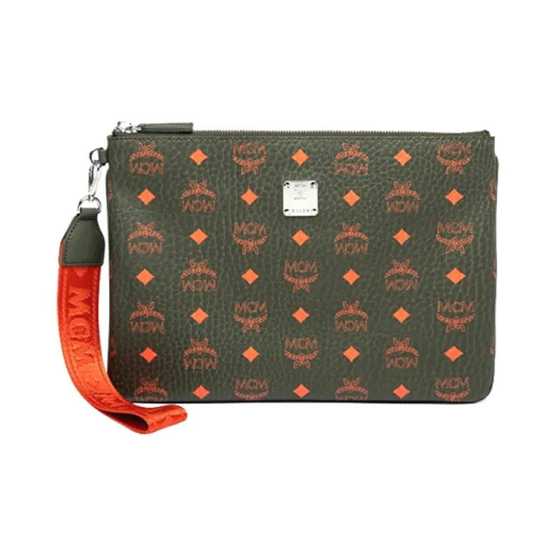 MCM Essential Visetos Origina Artificial Leather Handheld Wrist Clutch Medium Size Men's Moss Green-0