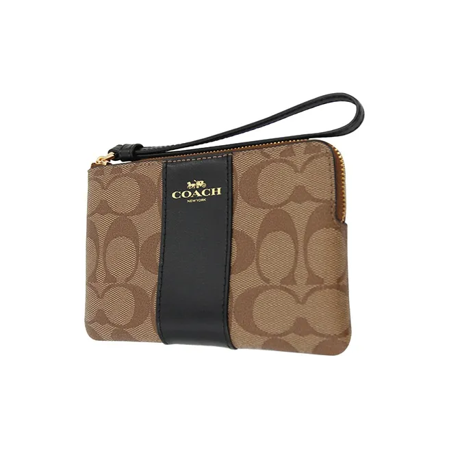 COACH Corner Zip Leather Pochette Clutch Coin Wrist Bag Wallet Trumpets Women's Black & Brown-3