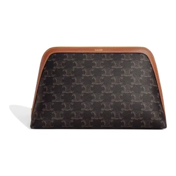 CELINE TriompheCANVAS Cow Leather Makeup Bag Large Size Women's Tawny