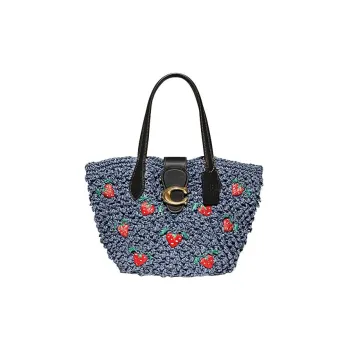 COACH Tote Cellulose Material With Straw Tote Bag, Shopping Bag, Shoulder Bag, Handbag Medium Size Women's Blue