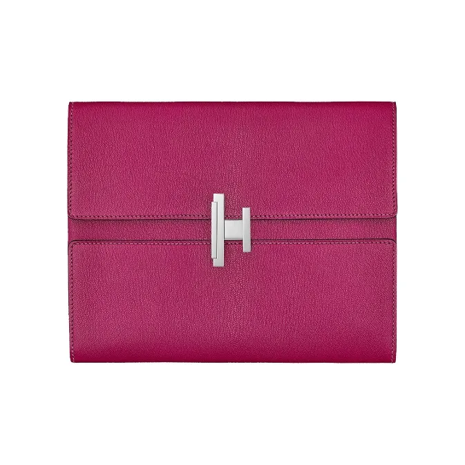 HERMES Cinhetic Chevre Mysore Goatskin Clutch Women's Rose Red-0