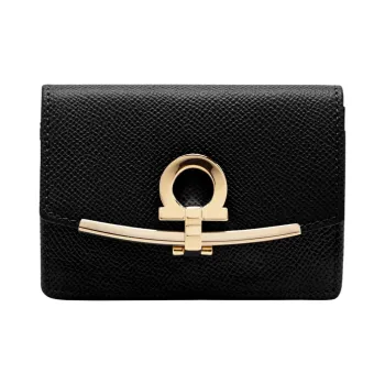 FERRAGAMO GANCINI Hammered Texture Cow Leather Business Card Holder Women's Black