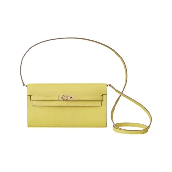 HERMES Kelly To Go Mysore Goat Skin Wallets Handheld Shoulder Bag Crossbody Bag Small Size Women's 9R Lime Lemon