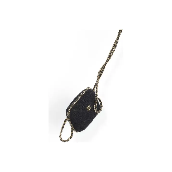 CHANEL Soft Woolen Chain Bag Clutch Earphone Case Women's Black-3