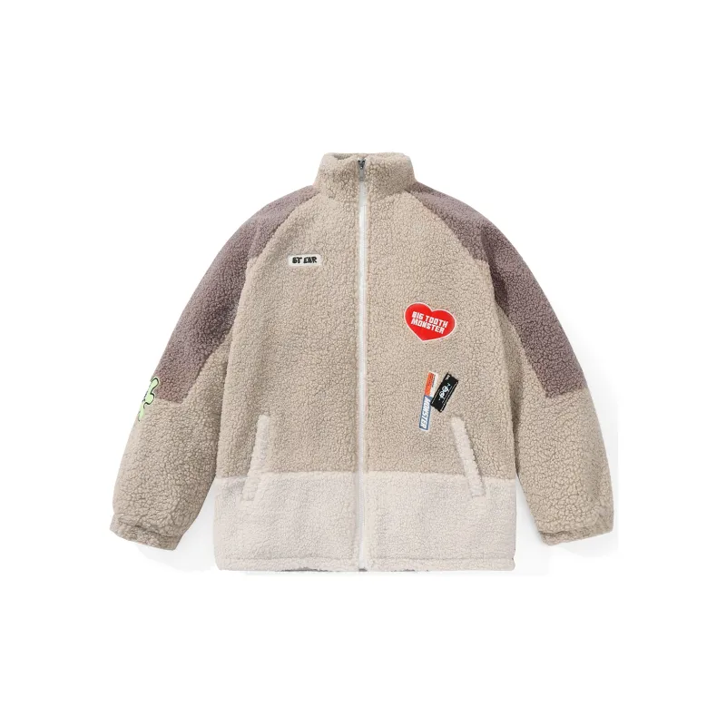 Bt Letter Colorblock Geometric Pattern Stand Collar Loose Fit Puffer Jacket Unisex Khaki-1