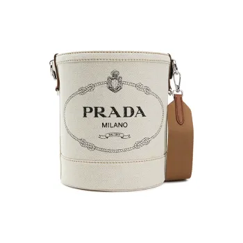PRADA Cotton With Cow Leather Shoulder Bag Women's Milk White