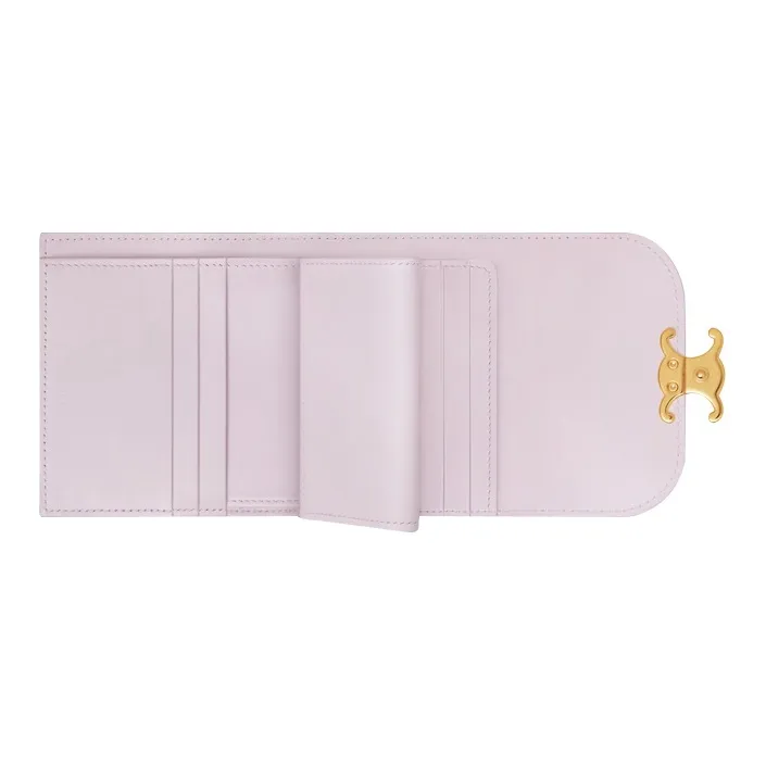 CELINE Triomphe Shiny Smooth Lambskin Suede Flap Card Holder Wallet Small Size Women's Light Pink-3
