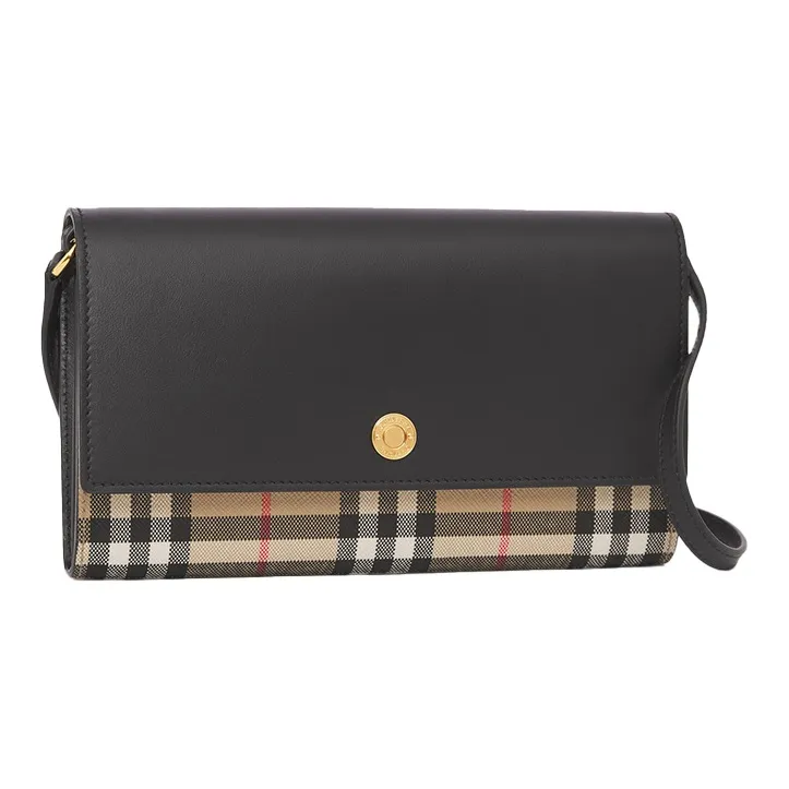 Burberry Vintage Leather With Fabric Shoulder Bag Crossbody Bag Women's Beige & Black-1