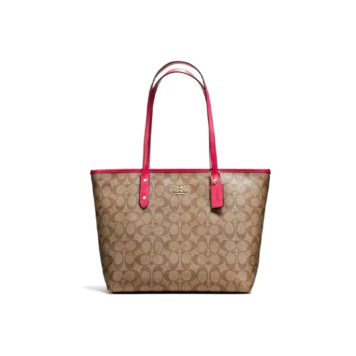 COACH City Zip Tote Canvas With Leather Handbag Tote Bag Shopping Bag Shoulder Bag Women's Khaki Monogram-0