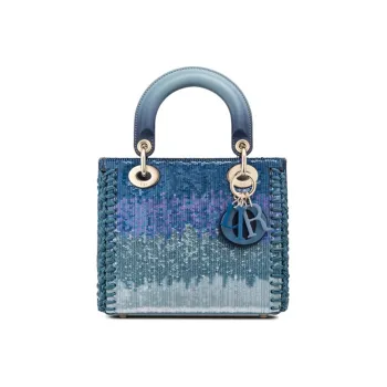 DIOR Lady Dior Embroidery Shoulder Bag Crossbody Bag Handbag Small Size Women's Blue