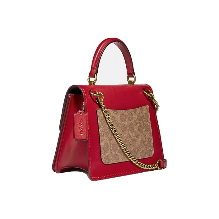 COACH Cowhide Patchwork Canvas Chain Bag, Shoulder Bag, Crossbody Bag Trumpets Women's Red Multicolor Monogram-1