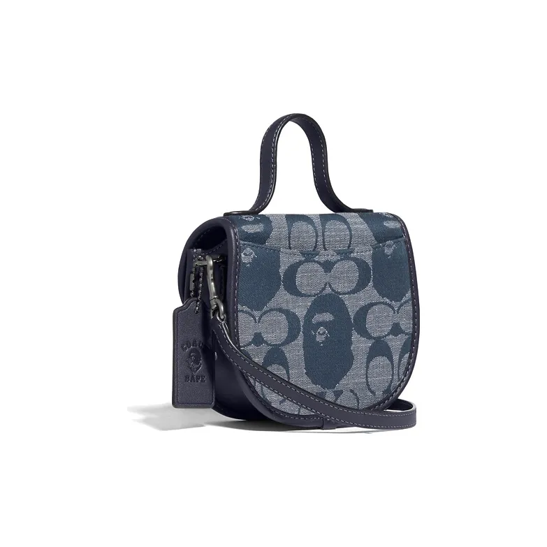 COACH X Bape Collaboration Jacquard Fabric With Leather Handbag, Shoulder Bag, Crossbody Bag Mini Unisex Denim Blue-1