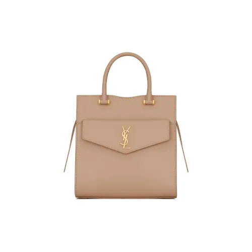 SAINT LAURENT Grained Embossed Leather Handbag Small Size Women's Dark Beige